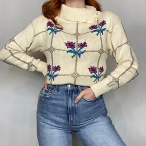 Vintage 80s Eagles Eye Size Small Ivory Cream Floral Print Turtleneck Sweater